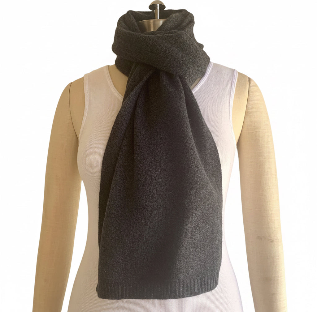 I'm WRAPPED Pressed Metal Grey and Black cashmere twist scarf worn by mannequin
