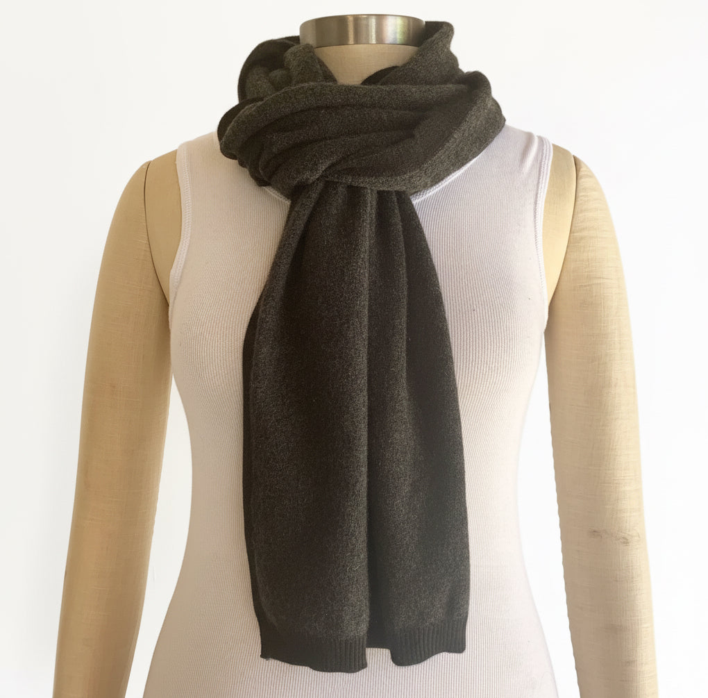 I'm WRAPPED Pressed Metal Grey pure cashmere scarf worn with a neutral outfit