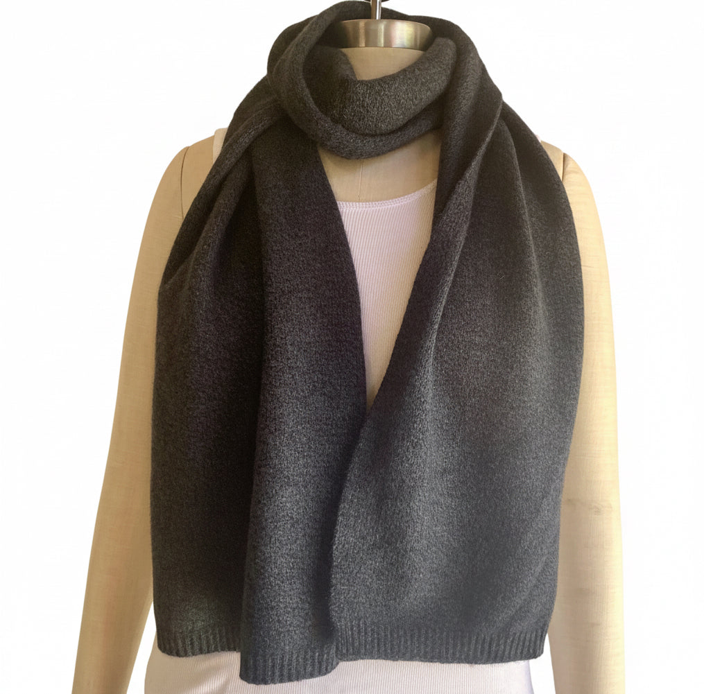 I'm WRAPPED Pressed Metal Grey and Black cashmere twist scarf worn by mannequin