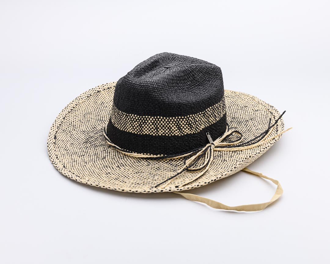 Let's GO, Handwoven Two Tone Natural and Black Paper Hat - UPF 30, BLACK