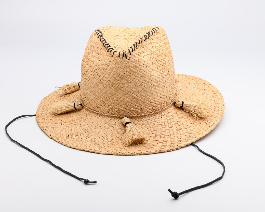 Pinch ME x, Handwoven Pure Raffia Fibre Hat with genuine leather chinstraps - UPF 50+