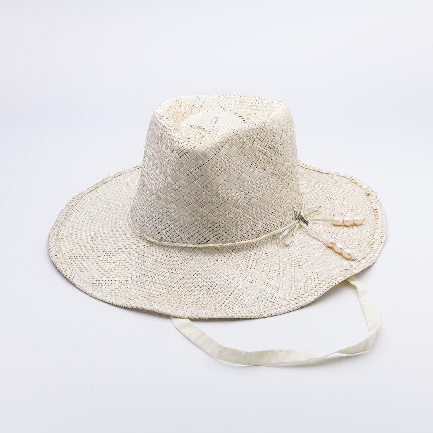 SUN-KISSED Creama wide brim hat with handwoven fibre ribbon and freshwater pearls