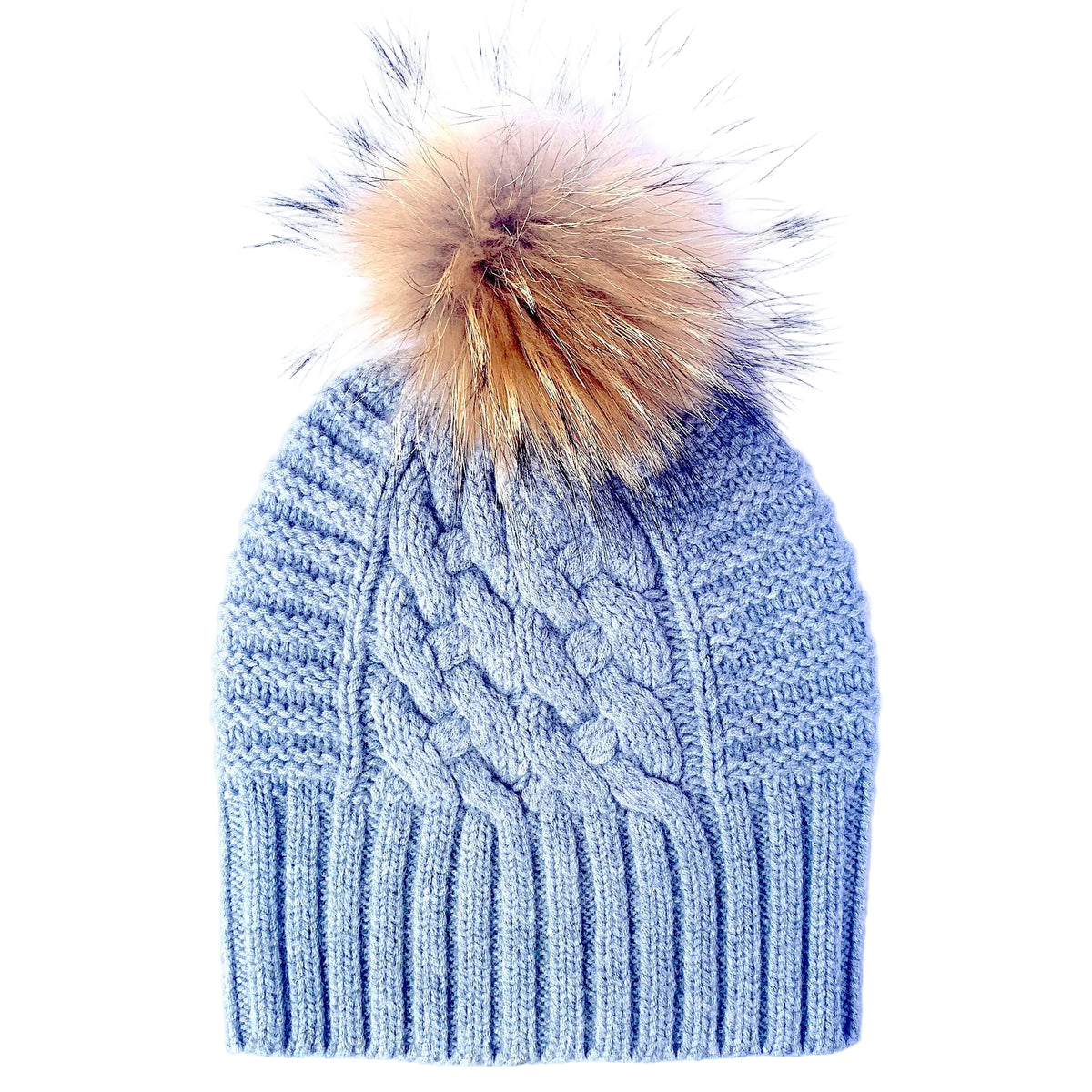 Up For Anything Dove Grey 100% pure Merino wool jumbo cable and rib beanie with detachable raccoon fur pom pom