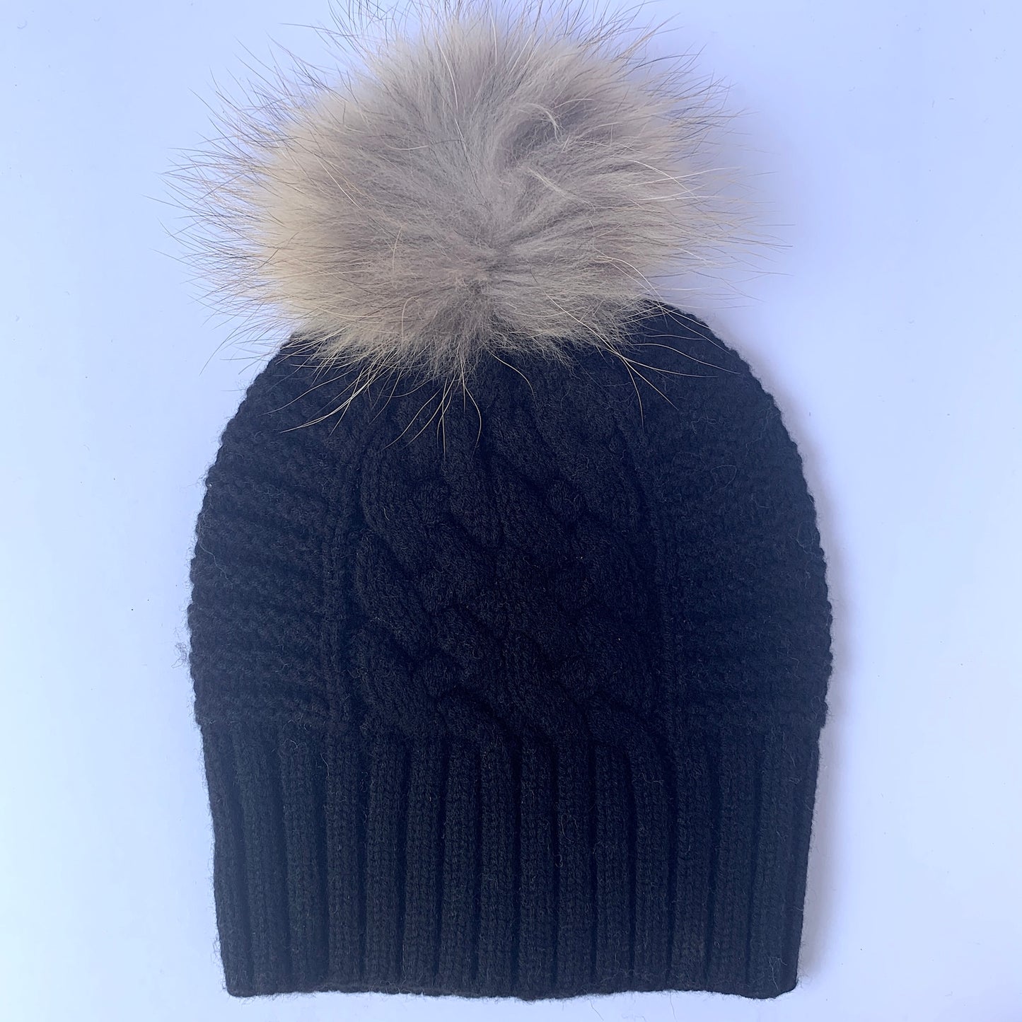 UP for ANYTHING 100% Pure Merino Wool Jumbo Cable & Fancy Rib Beanie with detachable Raccoon Fur Pom Pom, Jett Black