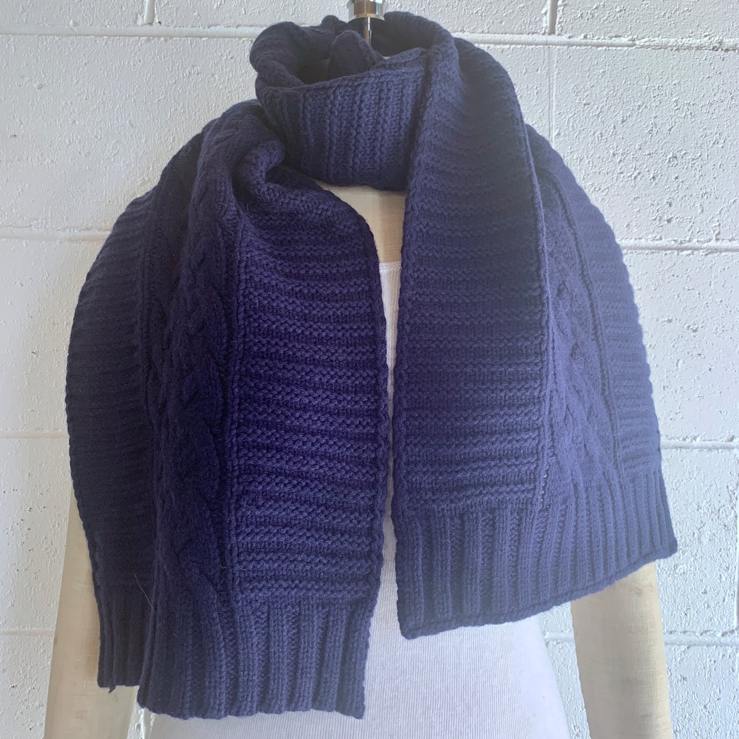 UP for ANYTHING! 100% Pure Merino Wool Jumbo Cable & Fancy Rib Knit Scarf, Dark Denim Blue