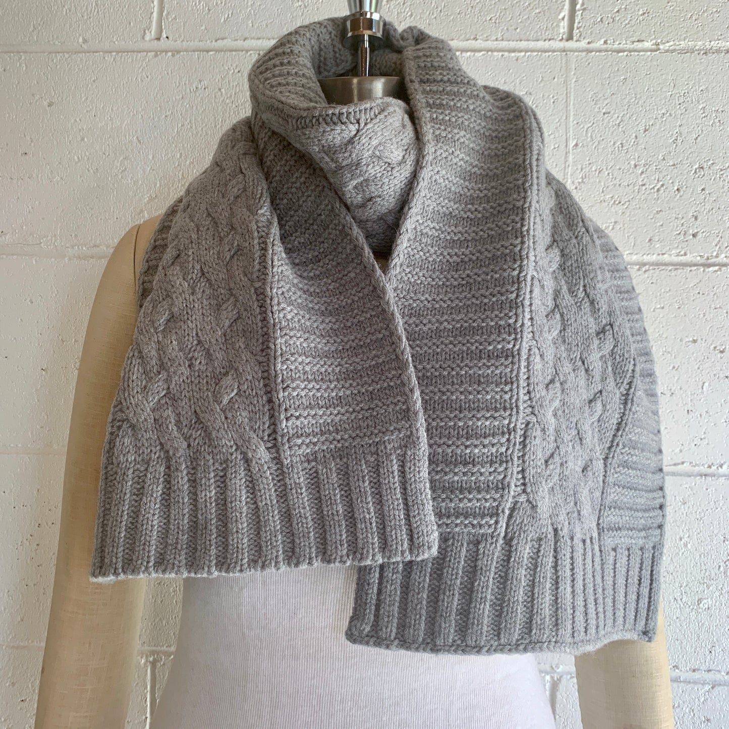 UP for ANYTHING! 100% Pure Merino Wool Jumbo Cable & Fancy Rib Knit Scarf, Dove Grey