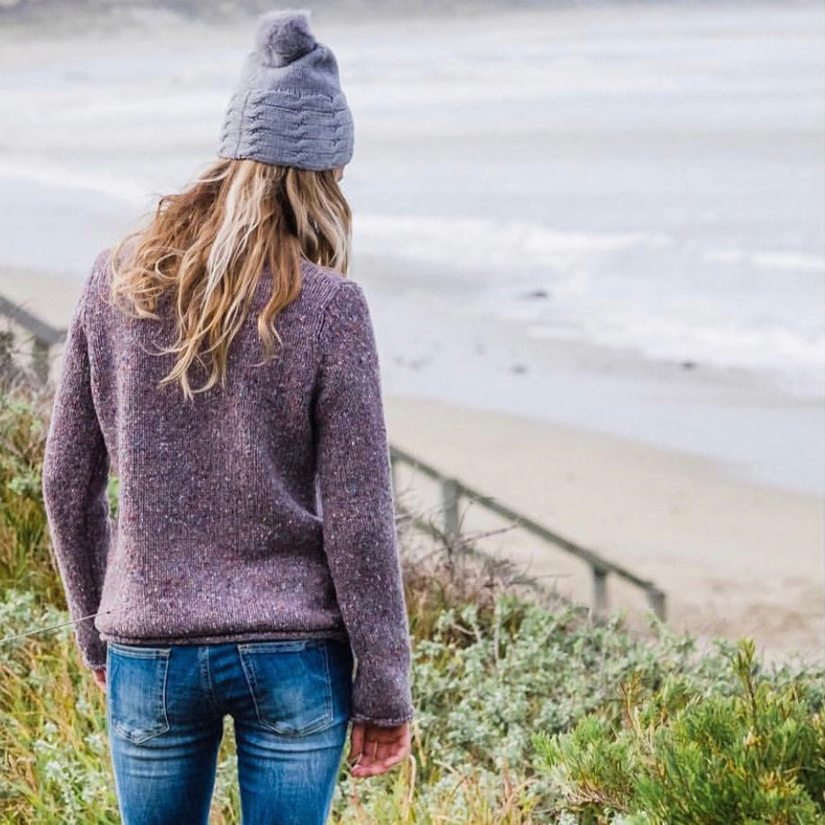 ALL SET! Dove Grey Merino wool cable beanie with detachable pom pom lifestyle