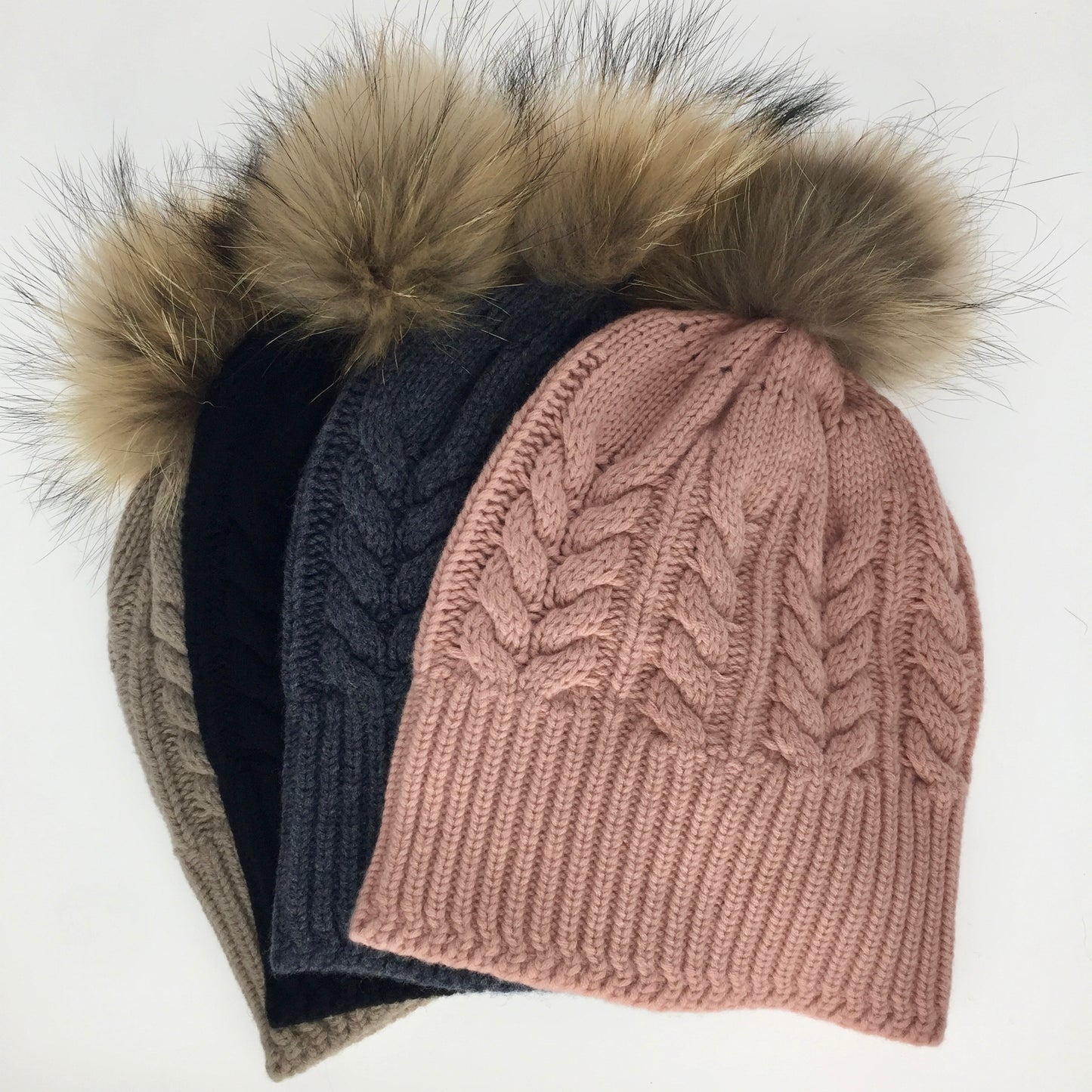 Absolutely. I'M in! 100% Pure Merino Wool Jumbo Cable Beanie with detachable Raccoon Fur Pom Pom, Crumble