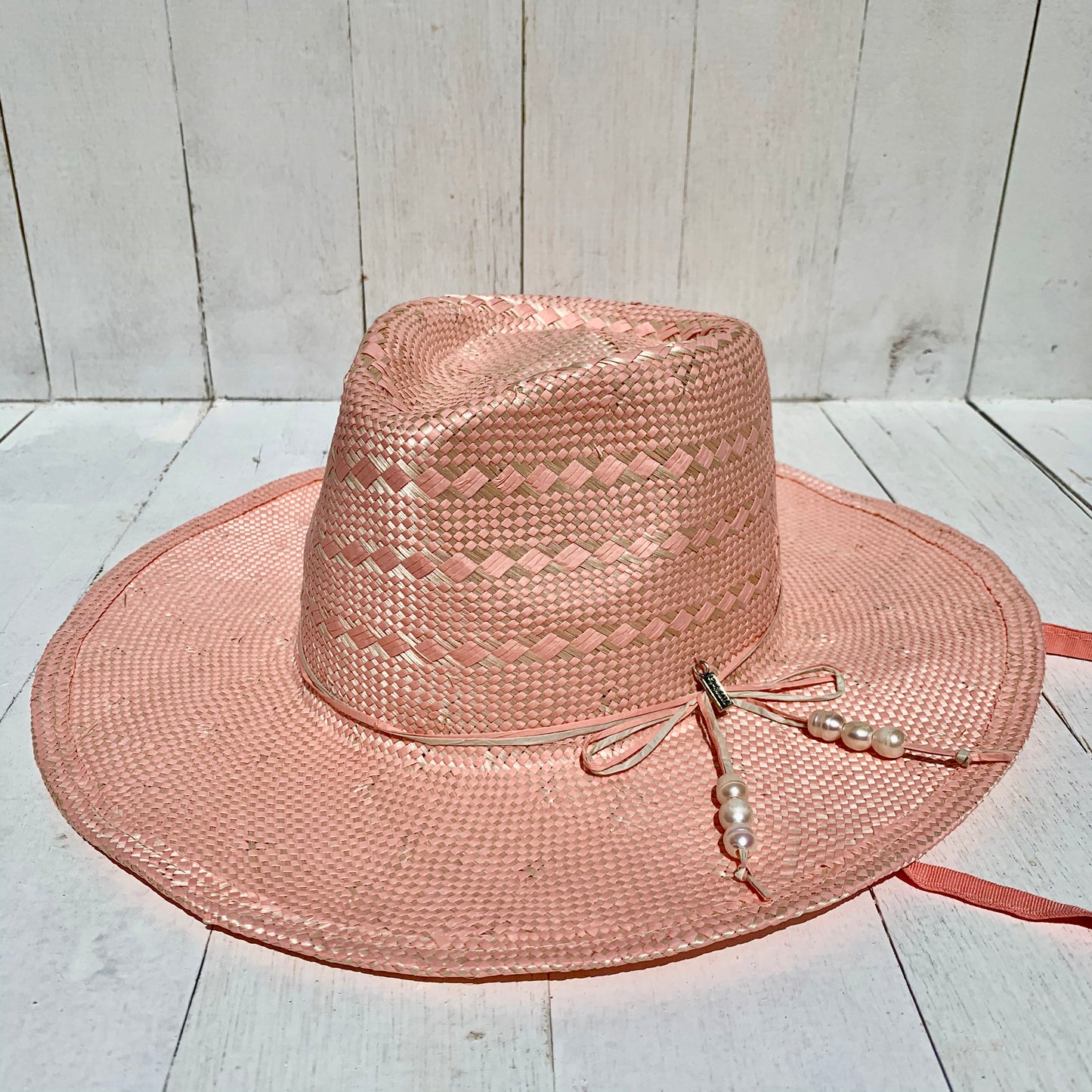 SUN-KISSED, Handwoven Entwined Fine Paper and Ramie Hat with Six Genuine Freshwater Pearls - BLUSH