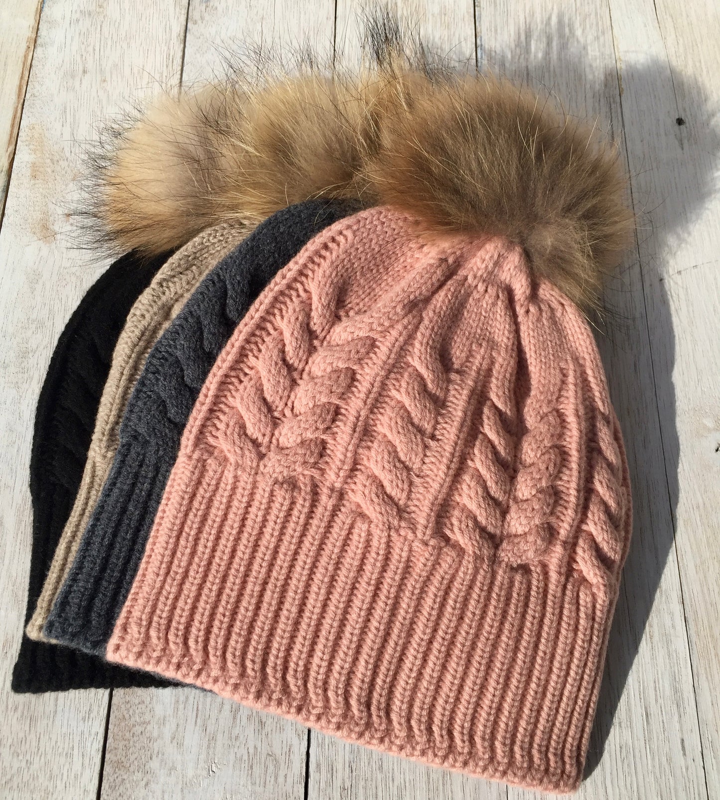 Absolutely. I'M in! 100% Pure Merino Wool Jumbo Cable Beanie with detachable Raccoon Fur Pom Pom, Biscuit