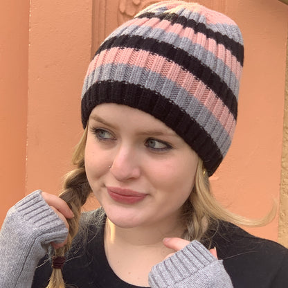 1, 2, 3.  GO! Jumbo Rib Trio Stripe Pure Merino Wool Beanie - Crumble