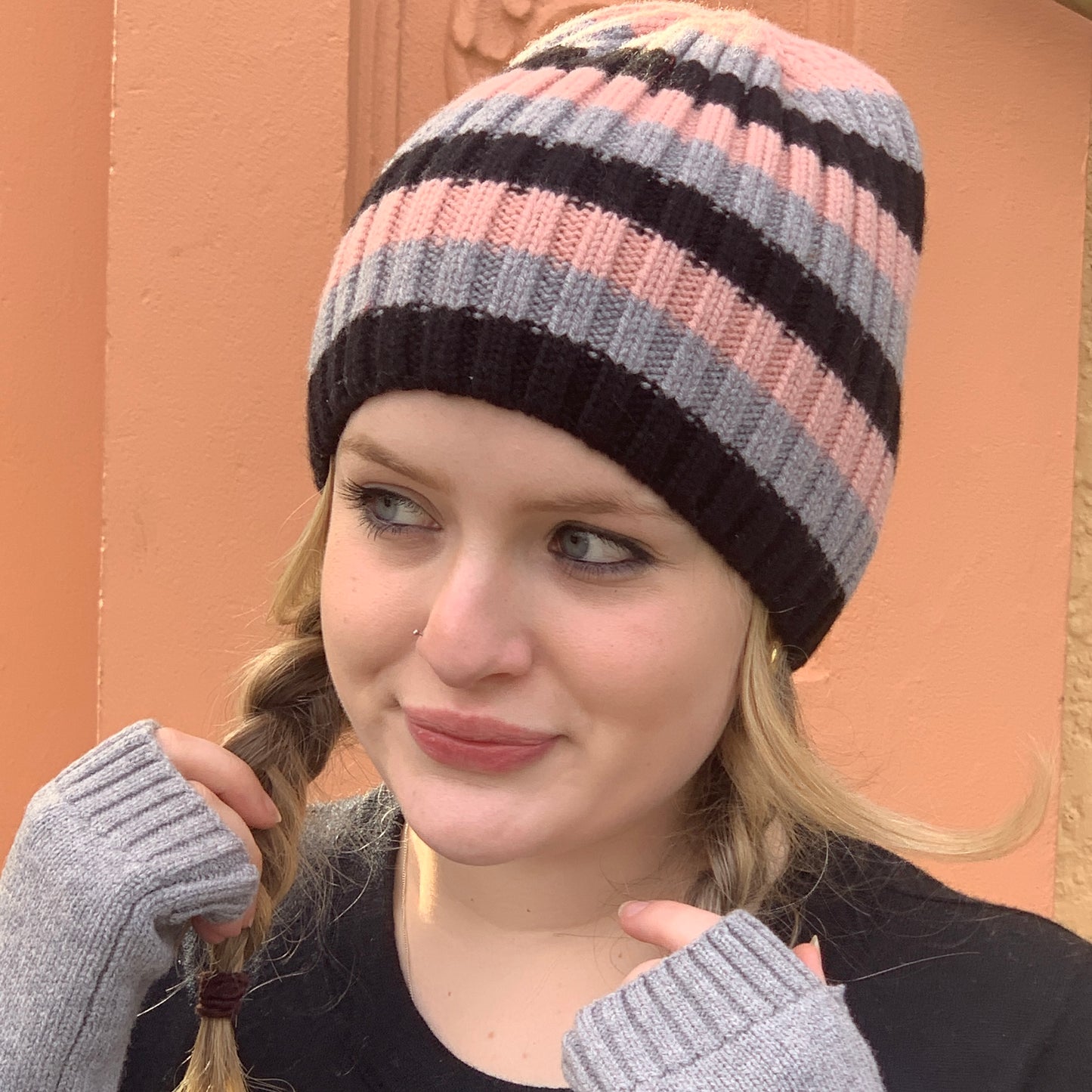 1, 2, 3.  GO! Jumbo Rib Trio Stripe Pure Merino Wool Beanie - Dark Denim Blue