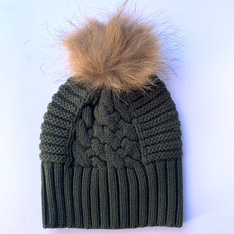 UP for ANYTHING 100% Pure Merino Wool Jumbo Cable & Fancy Rib Beanie with detachable Raccoon Fur Pom Pom, Martini Olive