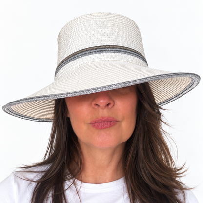 Find Your Silver Lining white woven hat with metallic silver trim on woman