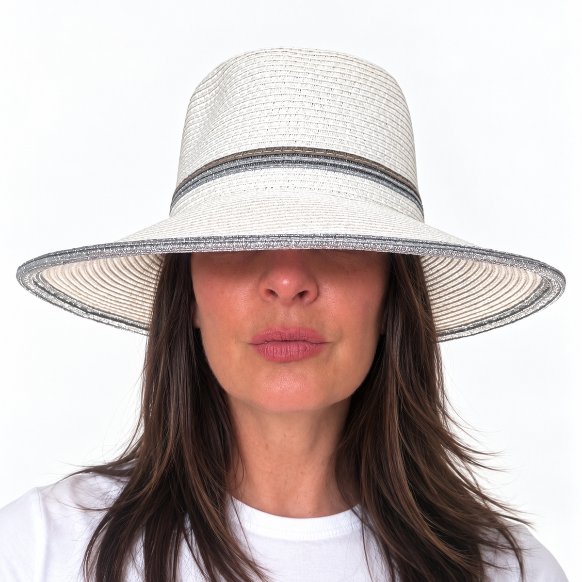 Find Your Silver Lining white woven sun hat with silver trim worn by woman