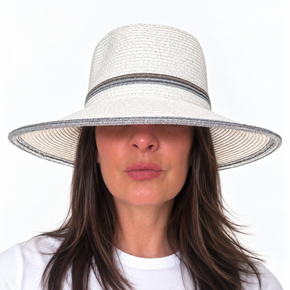 Find Your Silver Lining white woven sun hat with silver trim worn by woman