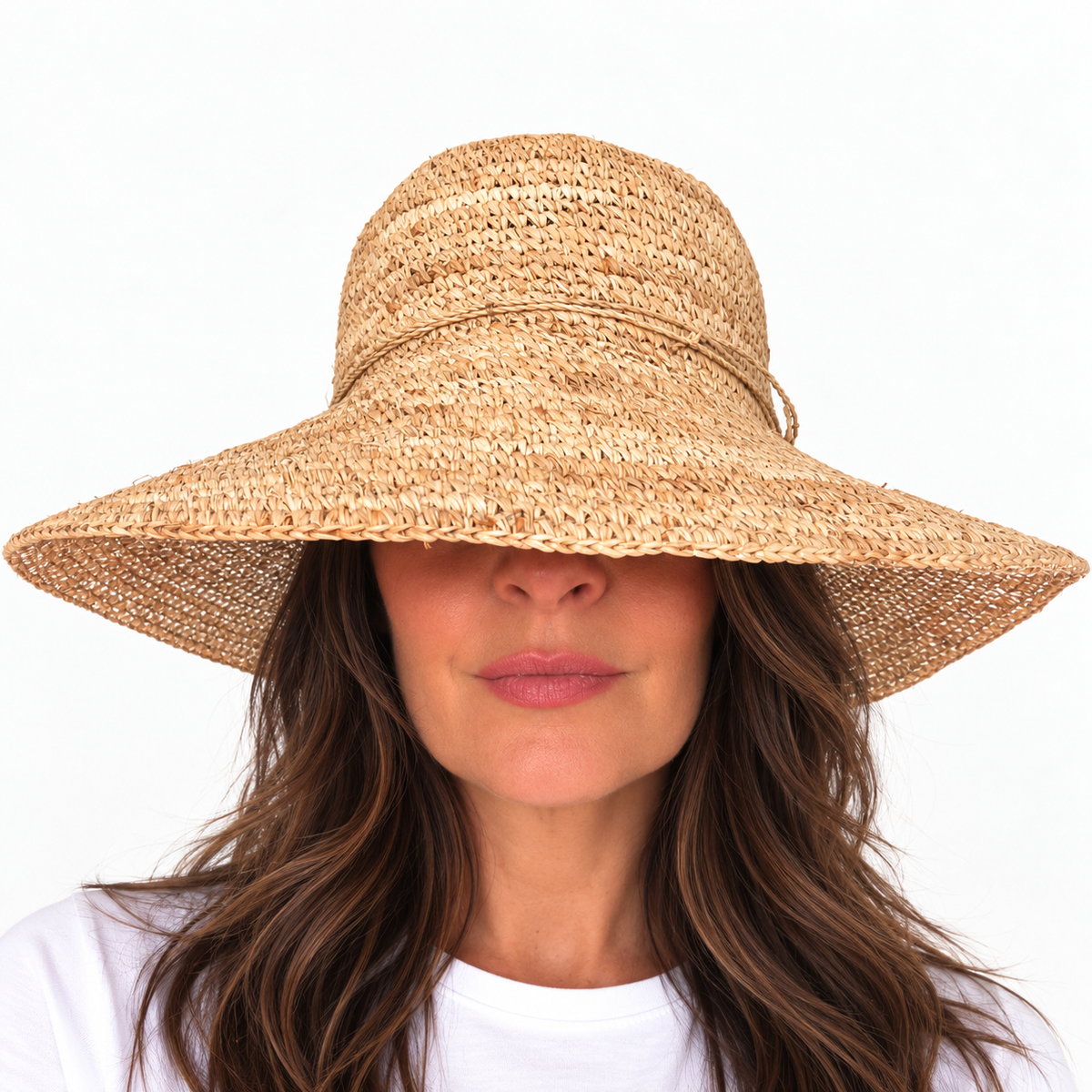 Encore Handwoven Raffia Fibre Hat worn by dark haired lady in white tee