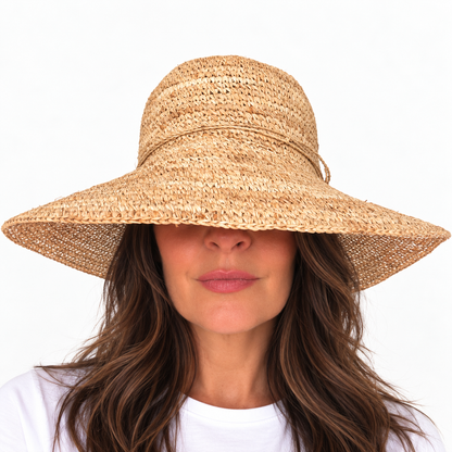 Encore Handwoven Raffia Fibre Hat worn by dark haired lady in white tee