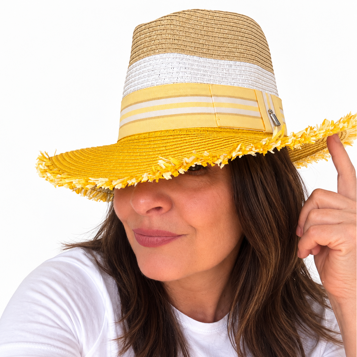 Woman wearing Here Comes the Sun with Bangs yellow and natural paper hat, side view