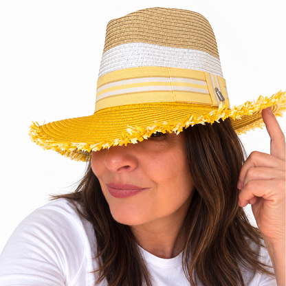 Woman wearing Here Comes the Sun with Bangs yellow and natural paper hat, side view
