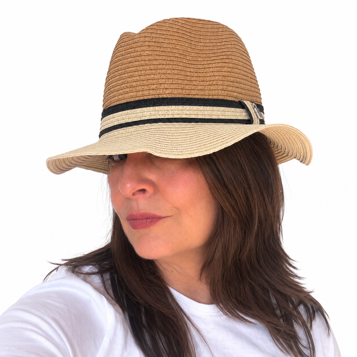 NATURALLY tan paper hat with black and cream striped band worn by brunette woman in three-quarter pose