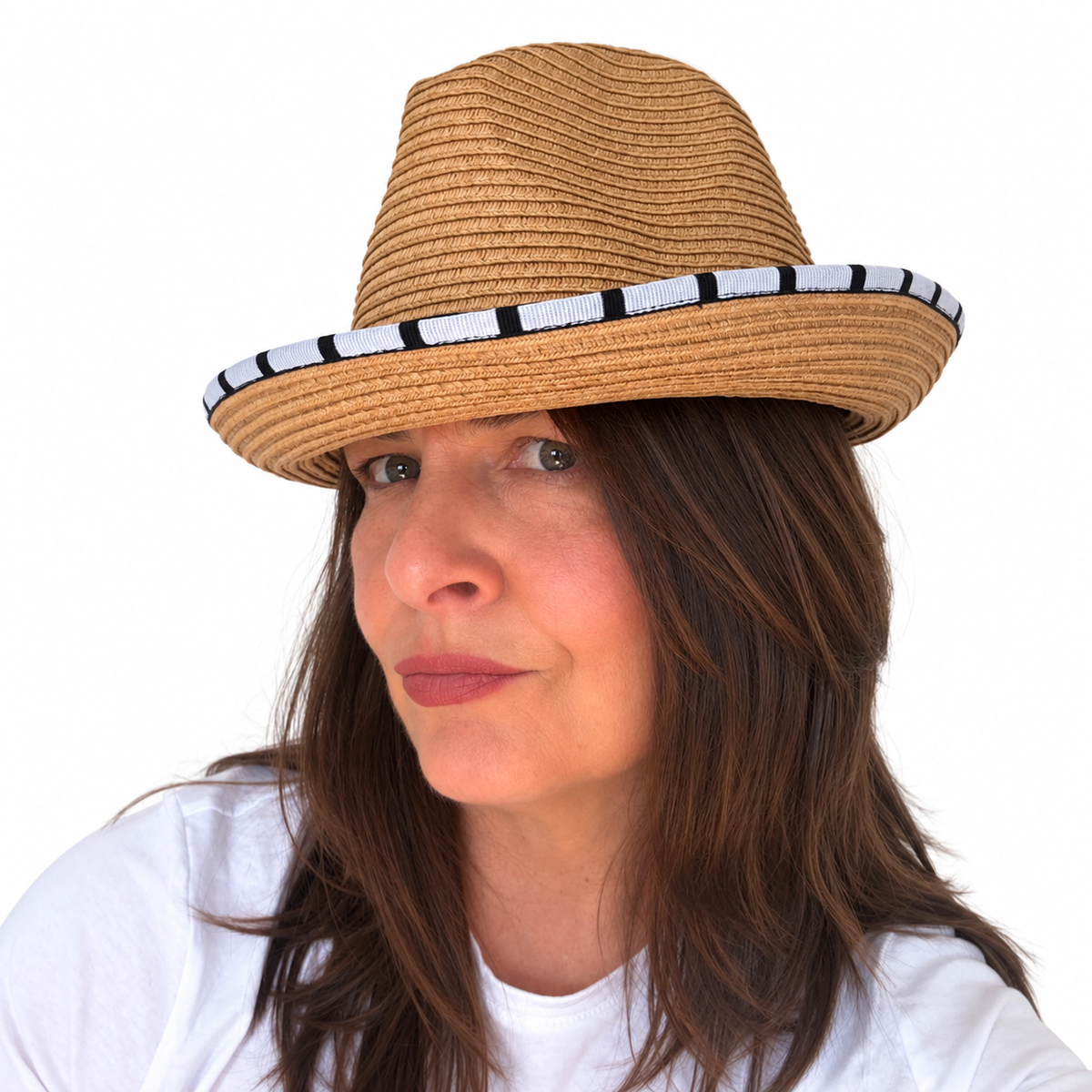 Opposites Attract tan woven hat with black-and-white brim trim worn by brunette woman