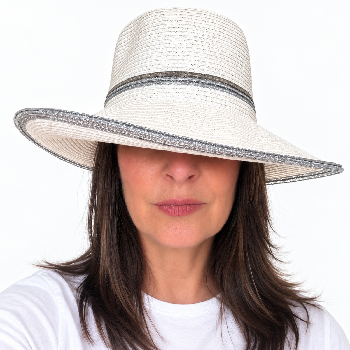 Find Your Silver Lining white wide brim sun hat with silver trim worn by brunette woman