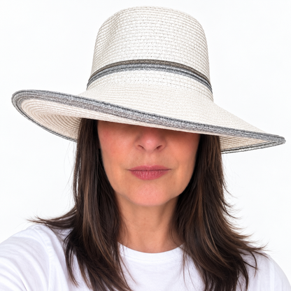Find Your Silver Lining white wide brim sun hat with silver trim worn by brunette woman