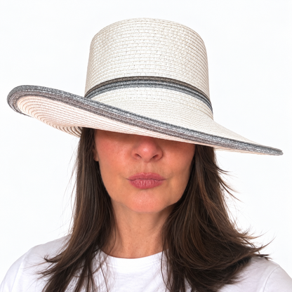 Find Your Silver Lining white sun hat with silver edged brim worn by woman