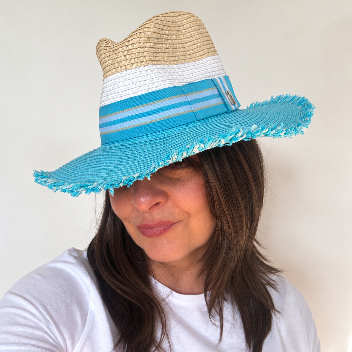Dive Right In with Bangs turquoise and natural woven sun hat with wide frayed brim