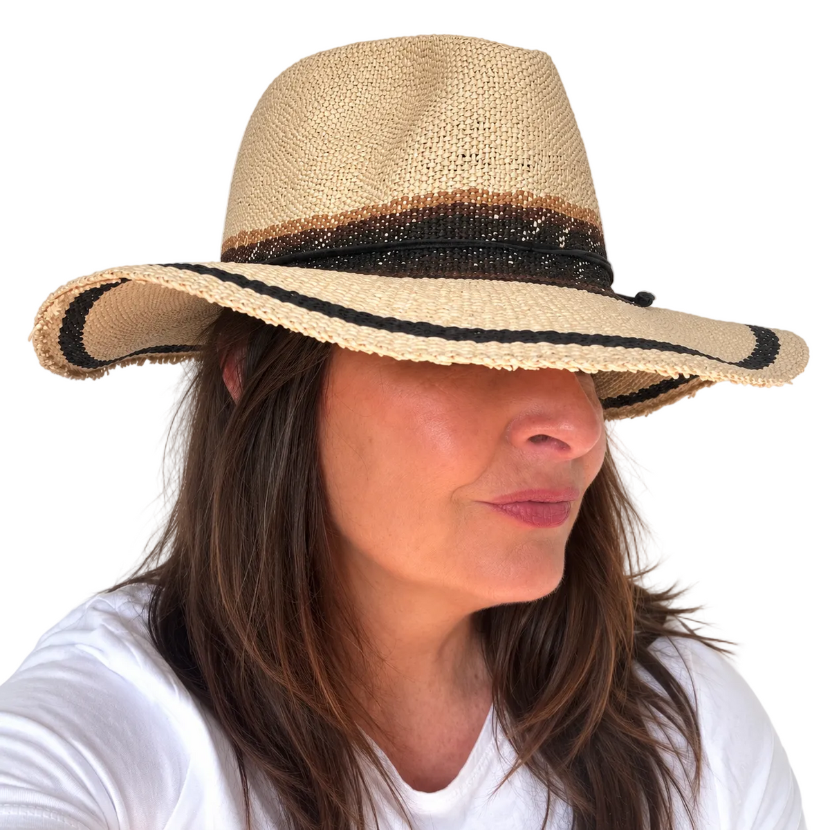 As I Am natural handwoven paper hat with black trim worn by woman, right side 