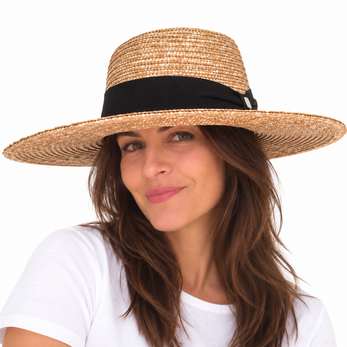 Got you Covered Natural woven straw hat with wide brim and black band worn by smiling brunette woman