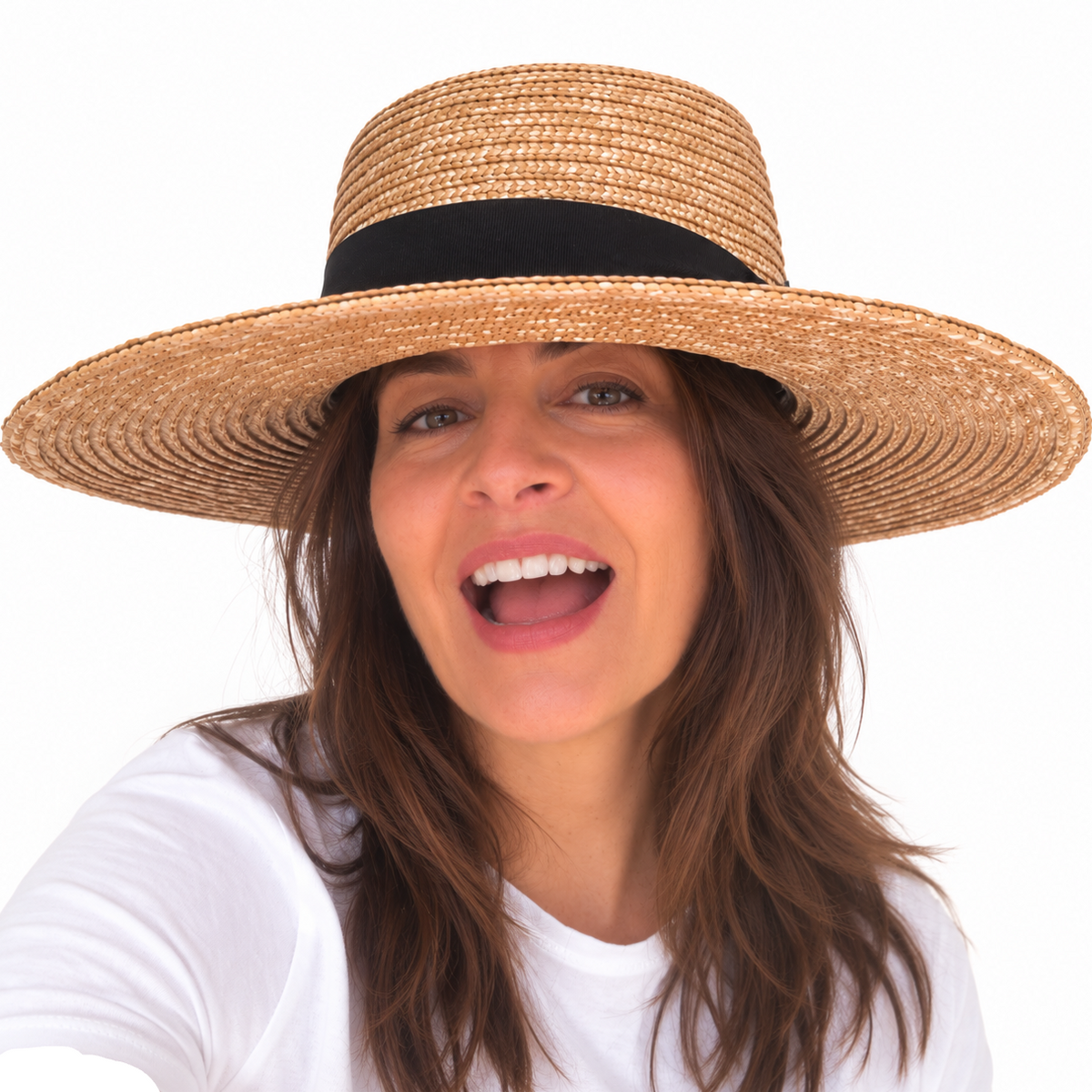 Got you Covered Wide-brim natural straw hat with black band worn by brunette woman against a white background