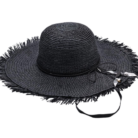 DREAM BIG, Handwoven Raffia Fibre and Freshwater Pearls Hat - UPF 50+, BLACK
