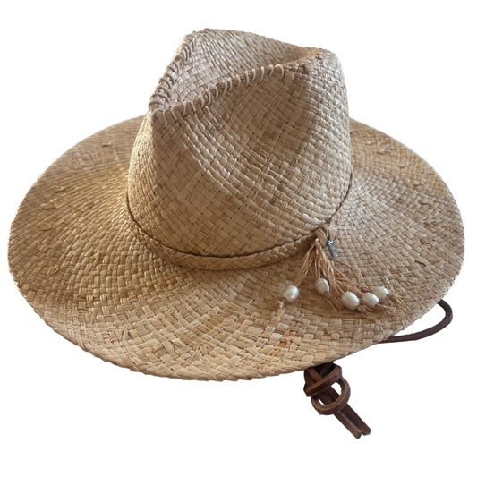 Dive For It luxury handwoven raffia hat with freshwater pearls and genuine leather chinstraps