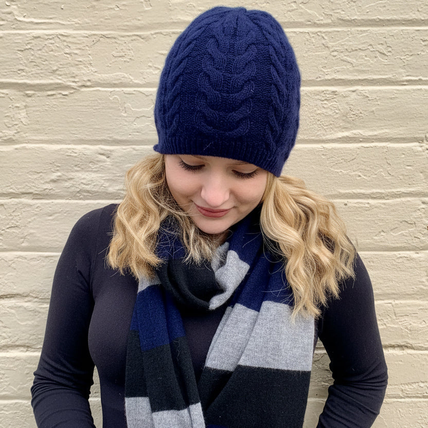 EARNT YOUR Stripes 100% Pure Cashmere Trio Stripe Scarf, French Navy