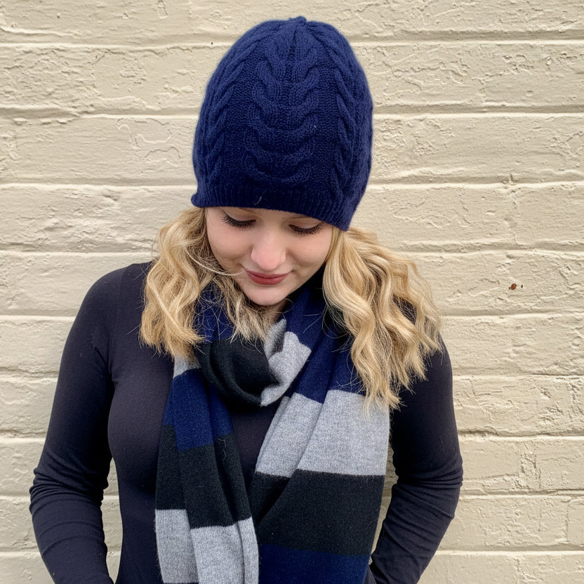 PERCY 100% Pure Cashmere Classic Cable Beanie, French Navy