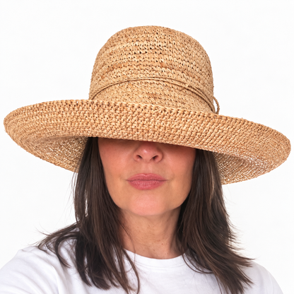 Encore raffia fibre handwoven hat with brim turned up slightly