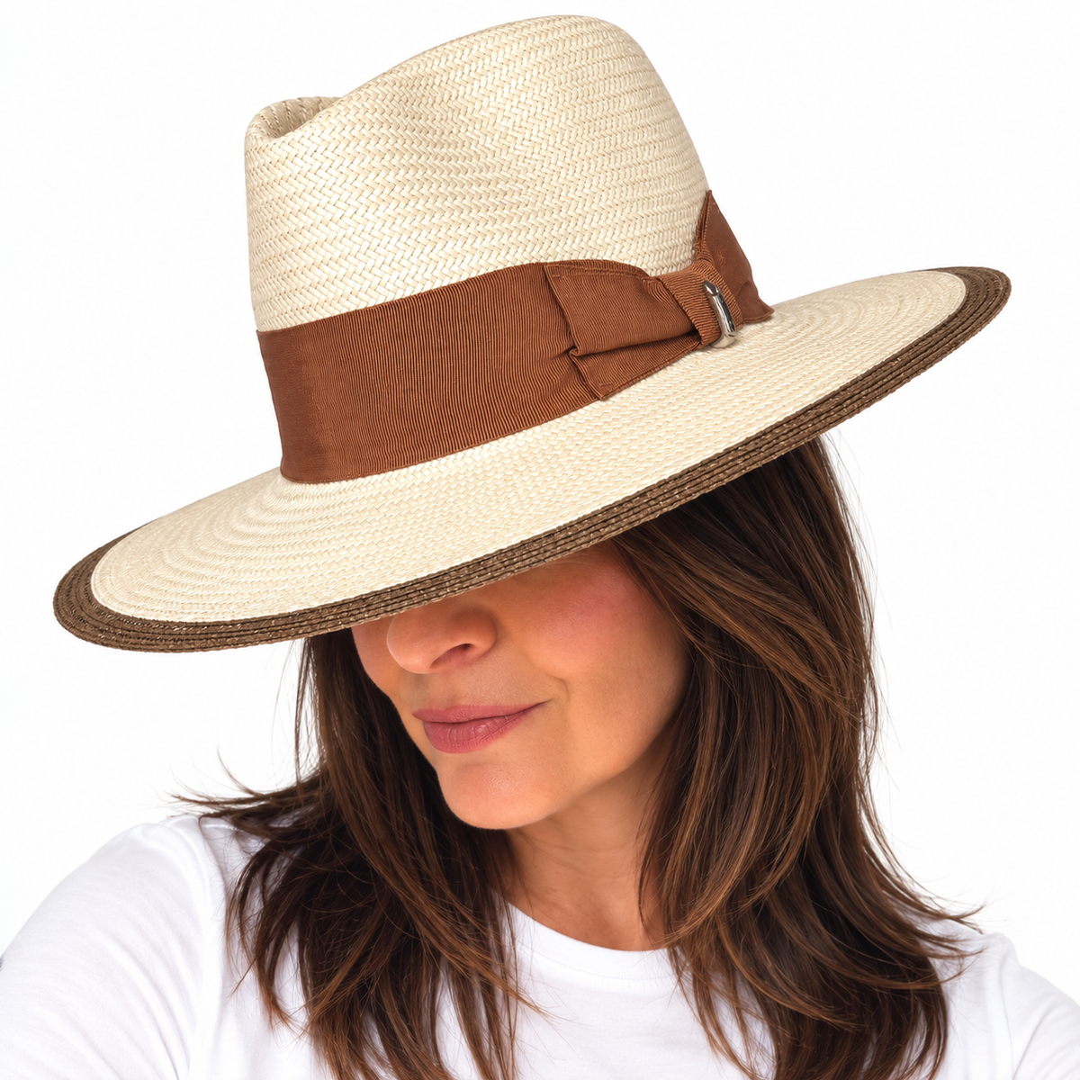 Follow my lead handwoven paper ribbon hat with whiskey brown grosgrain ribbon with bow and chinstrap