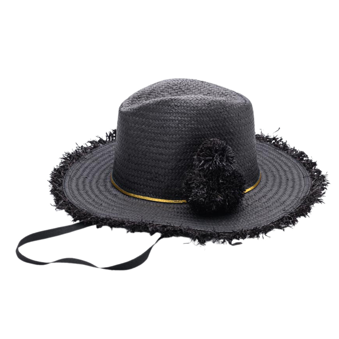 HAPPY on the Fringe,  Handwoven Paper Hat - Black/ Gold UPF 50+