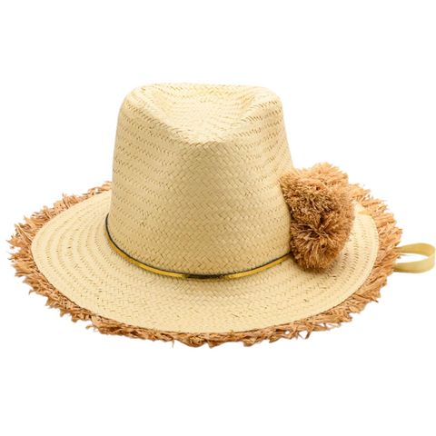 HAPPY on the Fringe, Handwoven Paper Hat - Natural/ Gold UPF 50+