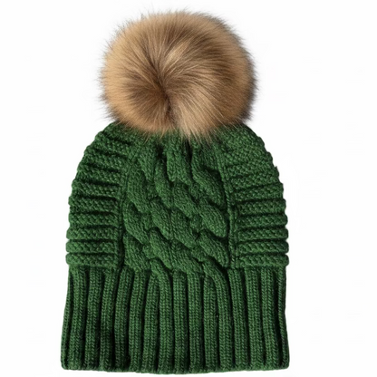 UP for ANYTHING 100% Pure Merino Wool Jumbo Cable & Fancy Rib Beanie with detachable Raccoon Fur Pom Pom, Rover