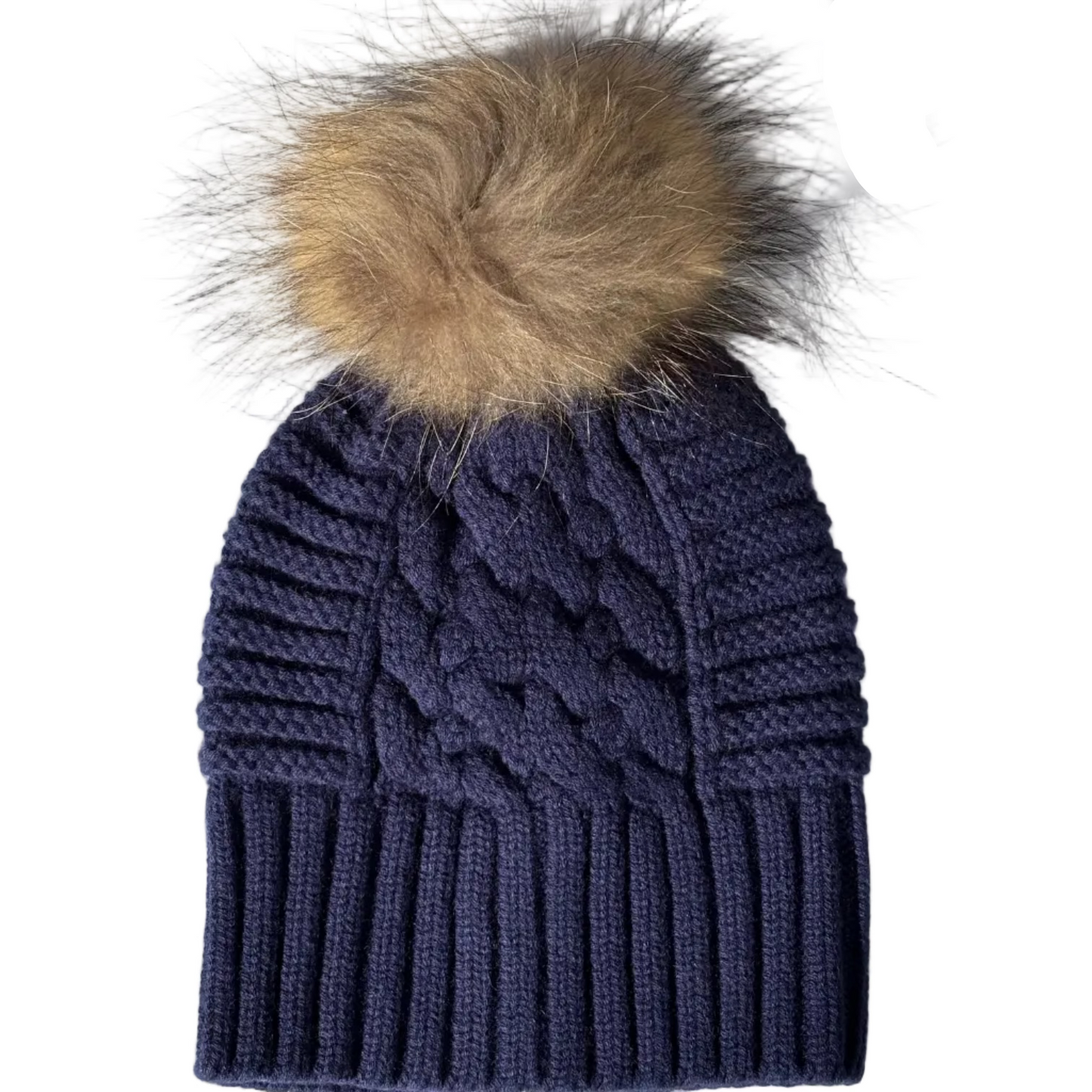 UP for ANYTHING 100% Pure Merino Wool Jumbo Cable & Fancy Rib Beanie with detachable Raccoon Fur Pom Pom, Dark Denim Blue