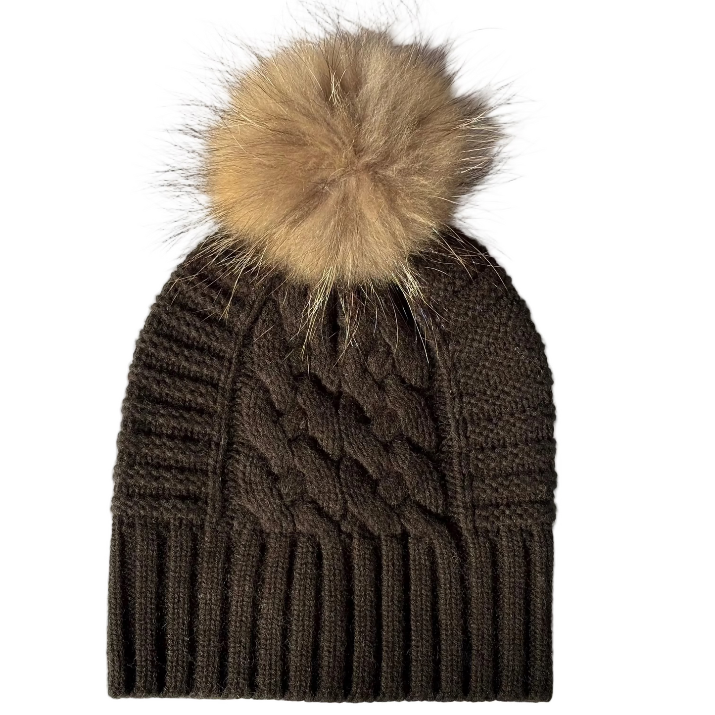 UP for ANYTHING 100% Pure Merino Wool Jumbo Cable & Fancy Rib Beanie with detachable Raccoon Fur Pom Pom, Licorice