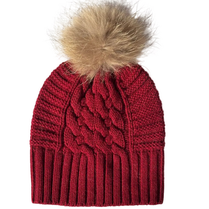 UP for ANYTHING 100% Pure Merino Wool Jumbo Cable & Fancy Rib Beanie with detachable Raccoon Fur Pom Pom, Classic Car Red