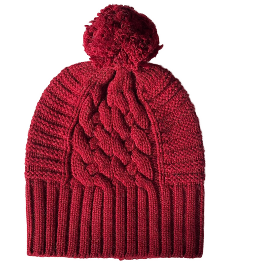 UP for ANYTHING 100% Pure Merino Wool Jumbo Cable & Fancy Rib Beanie with detachable Merino Wool Pom Pom, Classic Car Red