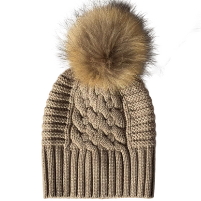 UP for ANYTHING 100% Pure Merino Wool Jumbo Cable & Fancy Rib Beanie with detachable Raccoon Fur Pom Pom, Biscuit