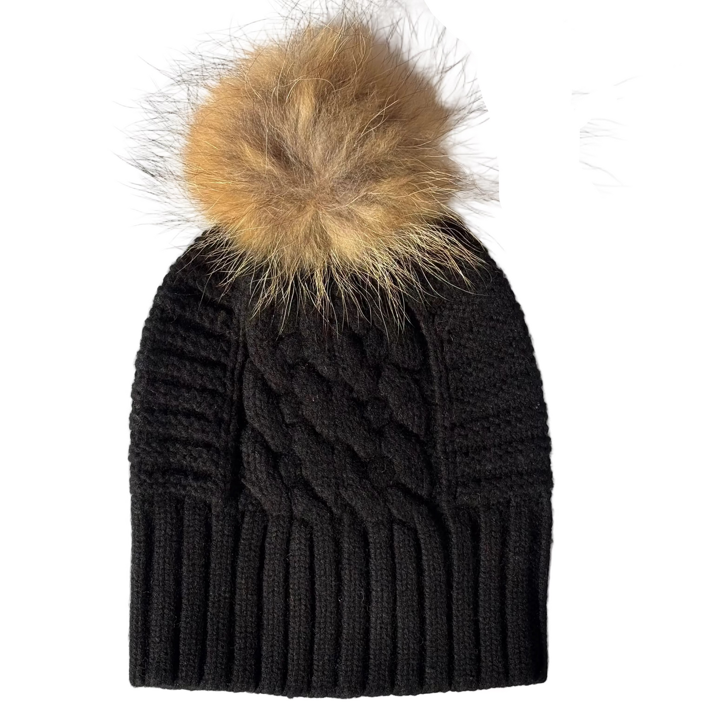UP for ANYTHING 100% Pure Merino Wool Jumbo Cable & Fancy Rib Beanie with detachable Raccoon Fur Pom Pom, Jett Black