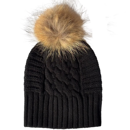 UP for ANYTHING 100% Pure Merino Wool Jumbo Cable & Fancy Rib Beanie with detachable Raccoon Fur Pom Pom, Jett Black