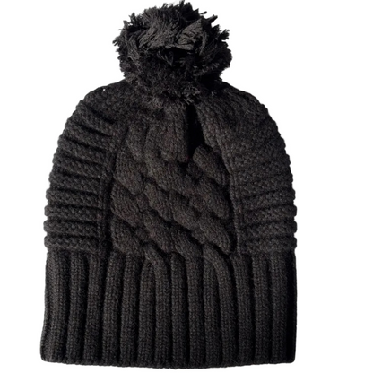 UP for ANYTHING 100% Pure Merino Wool Jumbo Cable & Fancy Rib Beanie with detachable Merino Wool Pom Pom, Jett Black